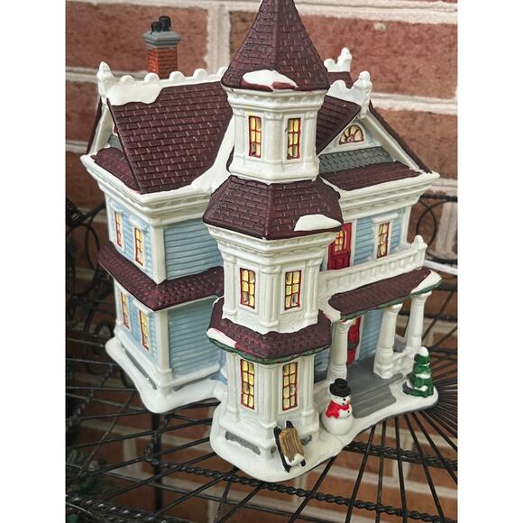Christmas Village House  Lighted Ceramic Porcelain Blue Victorian Snow - Picture 4 of 16